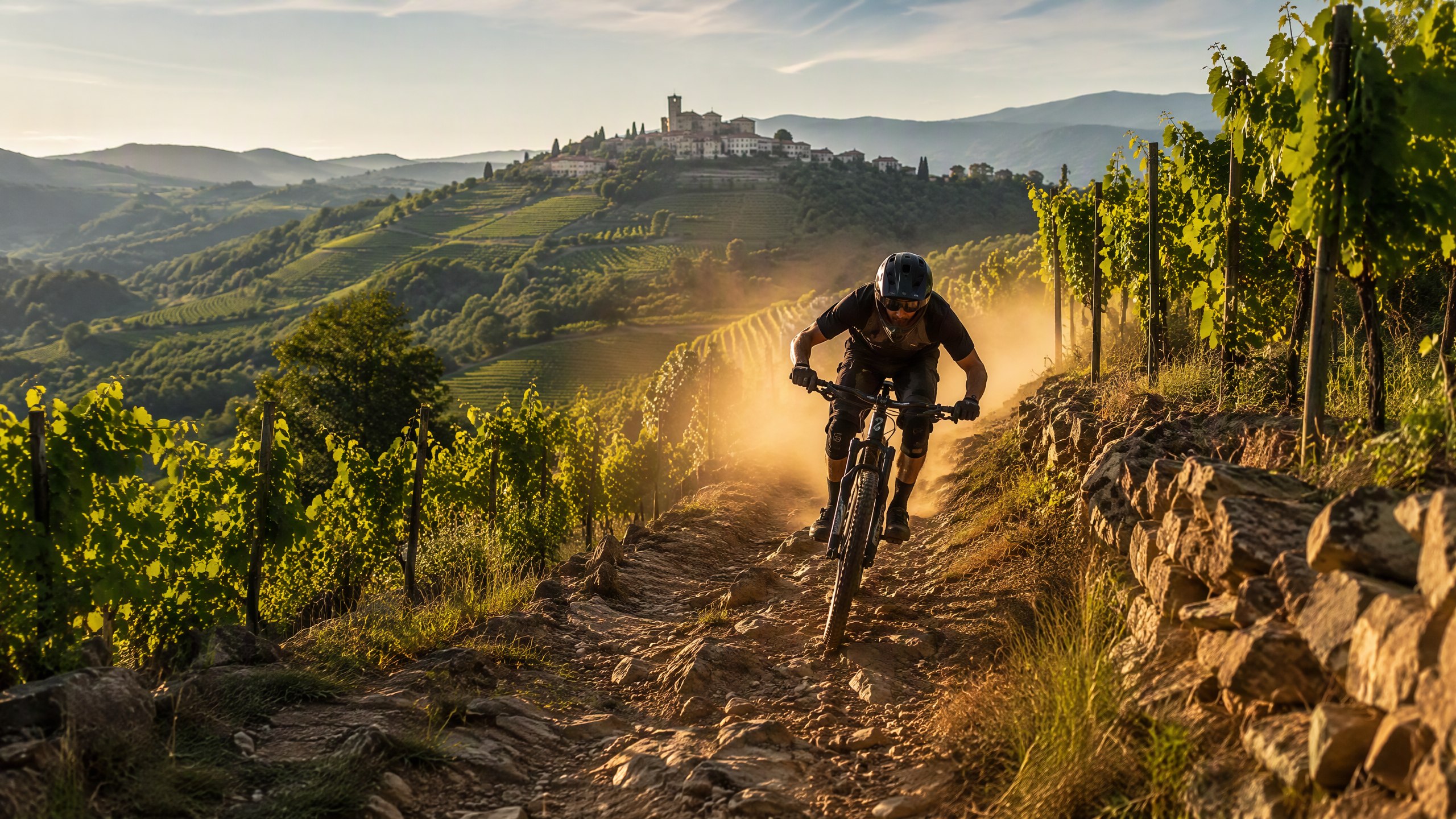 E-biker descending a ridge trail between Brda vineyards