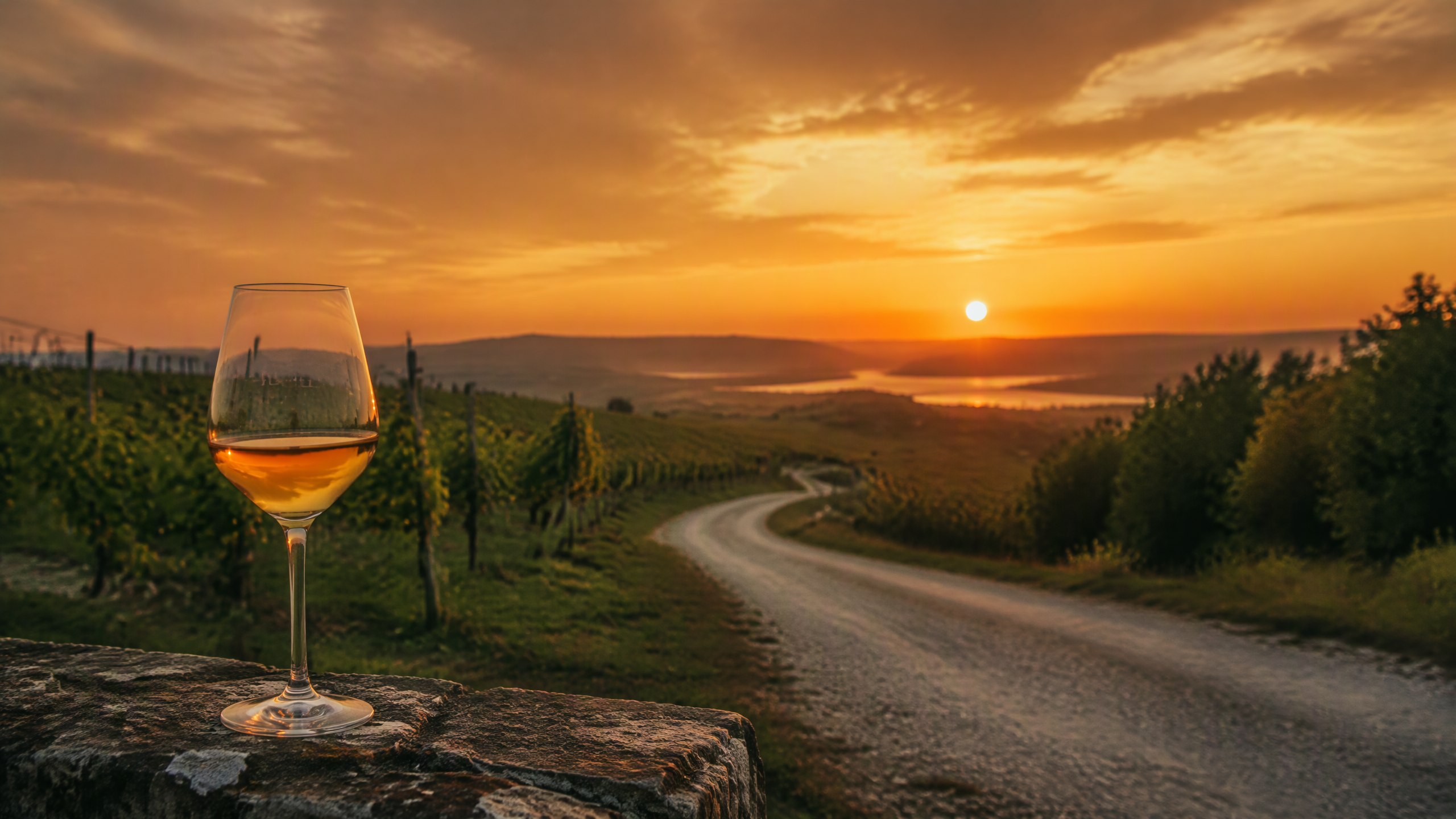 Gravel road curving through vineyards toward the sunset