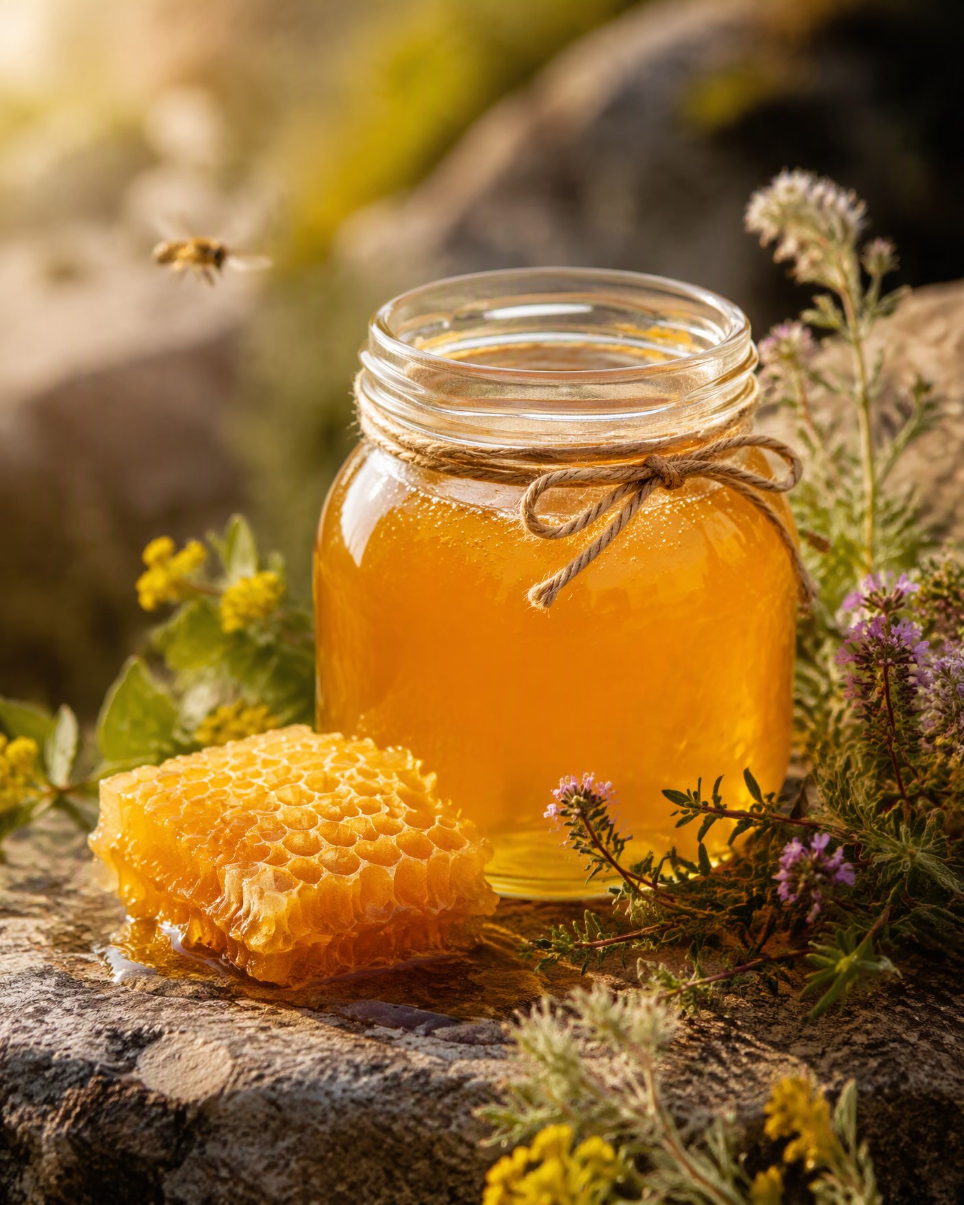 Jar of golden honey with honeycomb and wild herbs on stone