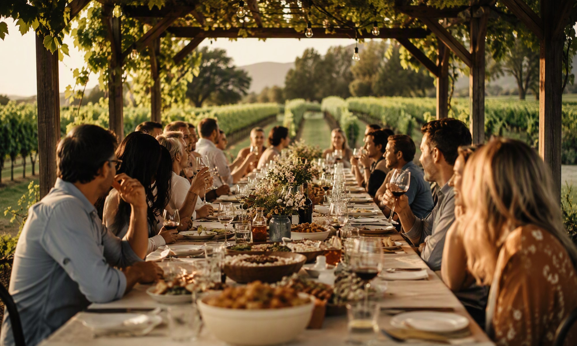 Long outdoor table under a pergola between vine rows at golden hour
