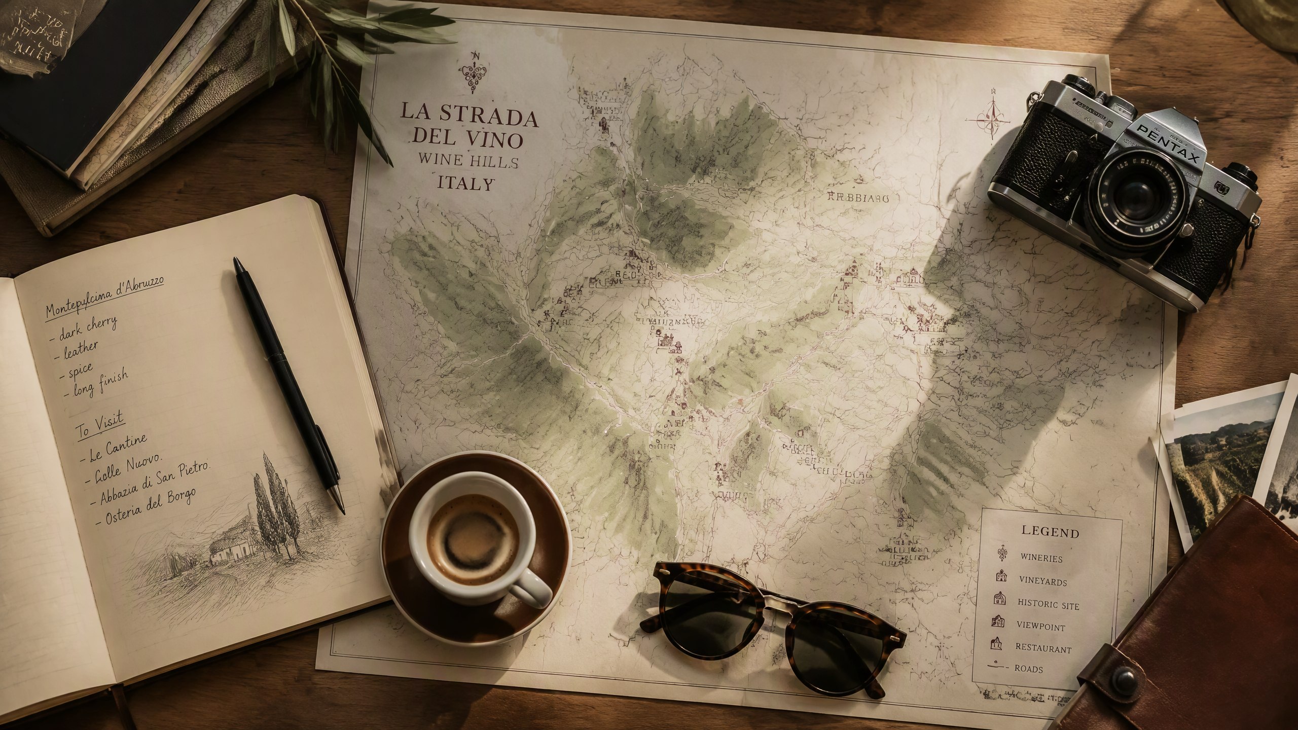 Travel planning flat-lay: map, notebook, espresso and a film camera
