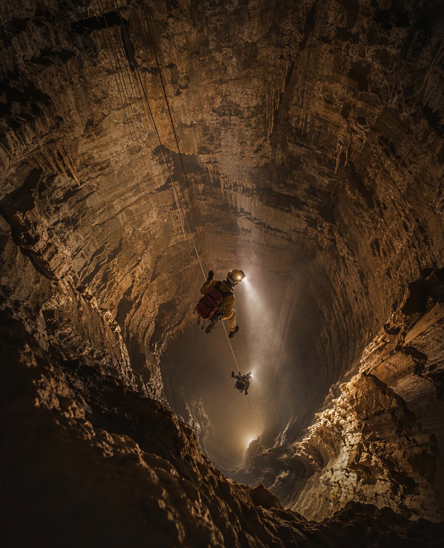 Cavers with headlamps descending a rope into a dark karst shaft
