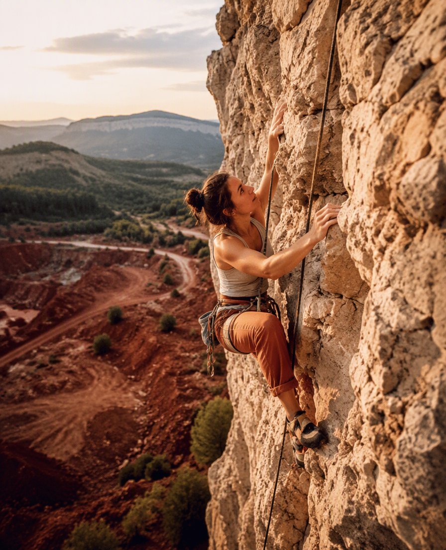 Climber on a pale limestone crag with red karst earth below