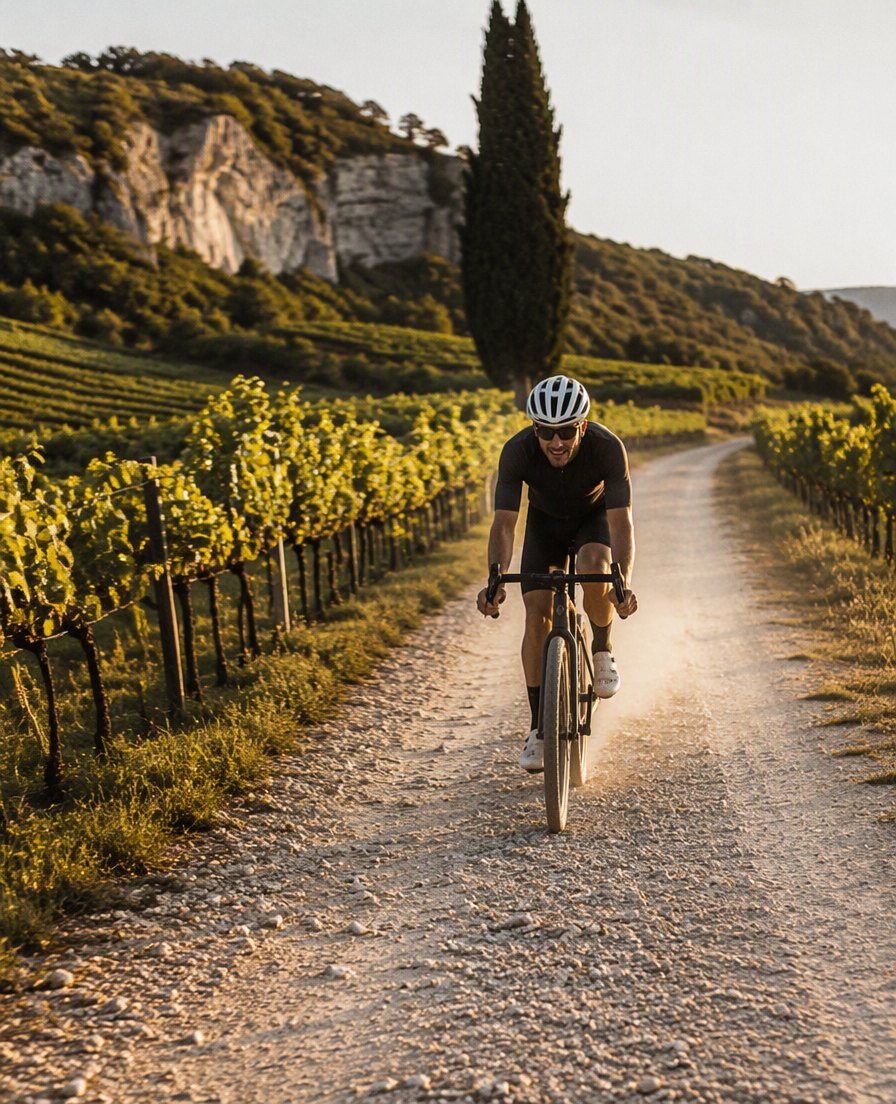 Gravel cyclist on a white limestone gravel road between karst vineyards