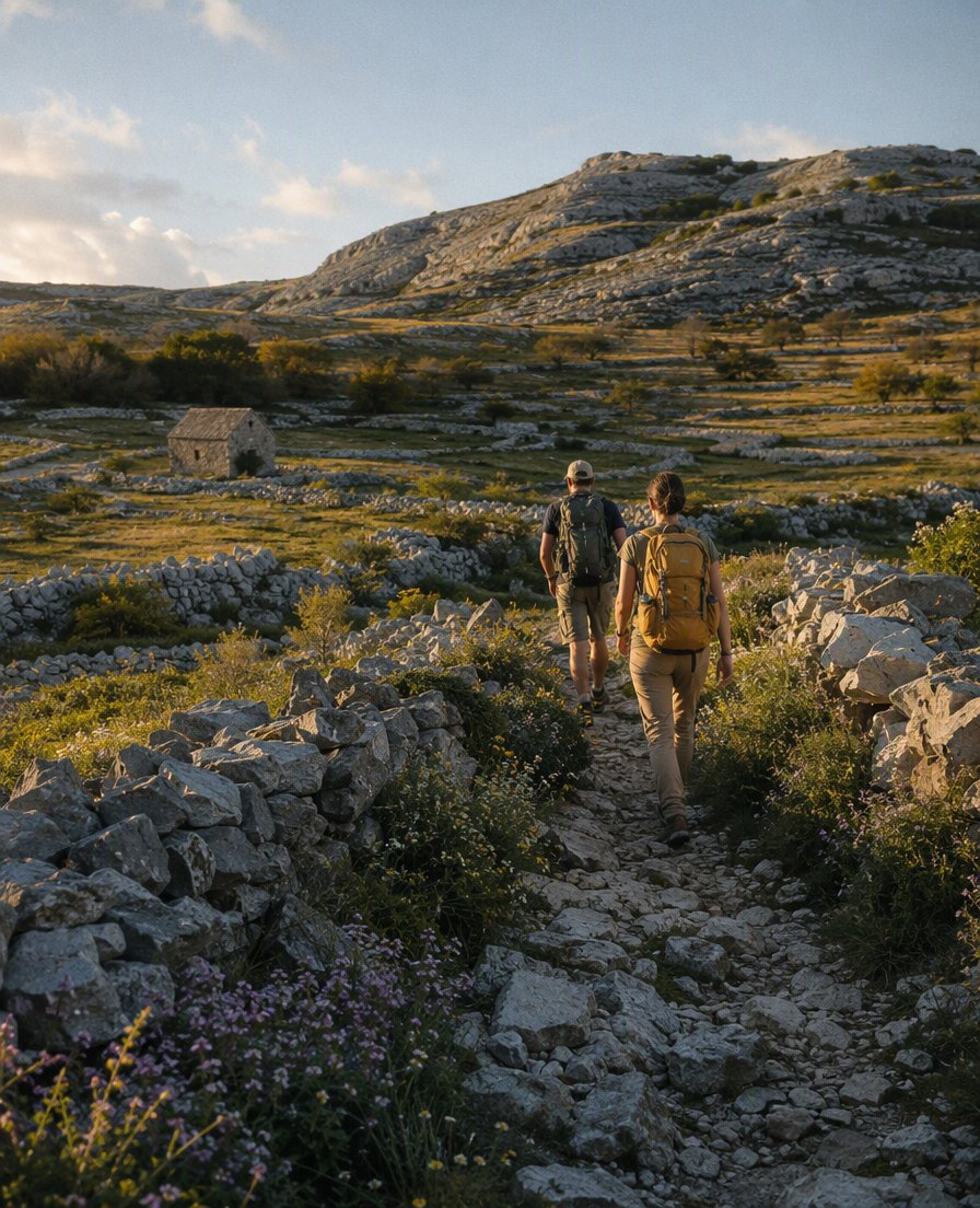 Hikers crossing a stony karst meadow path lined by dry-stone walls in spring