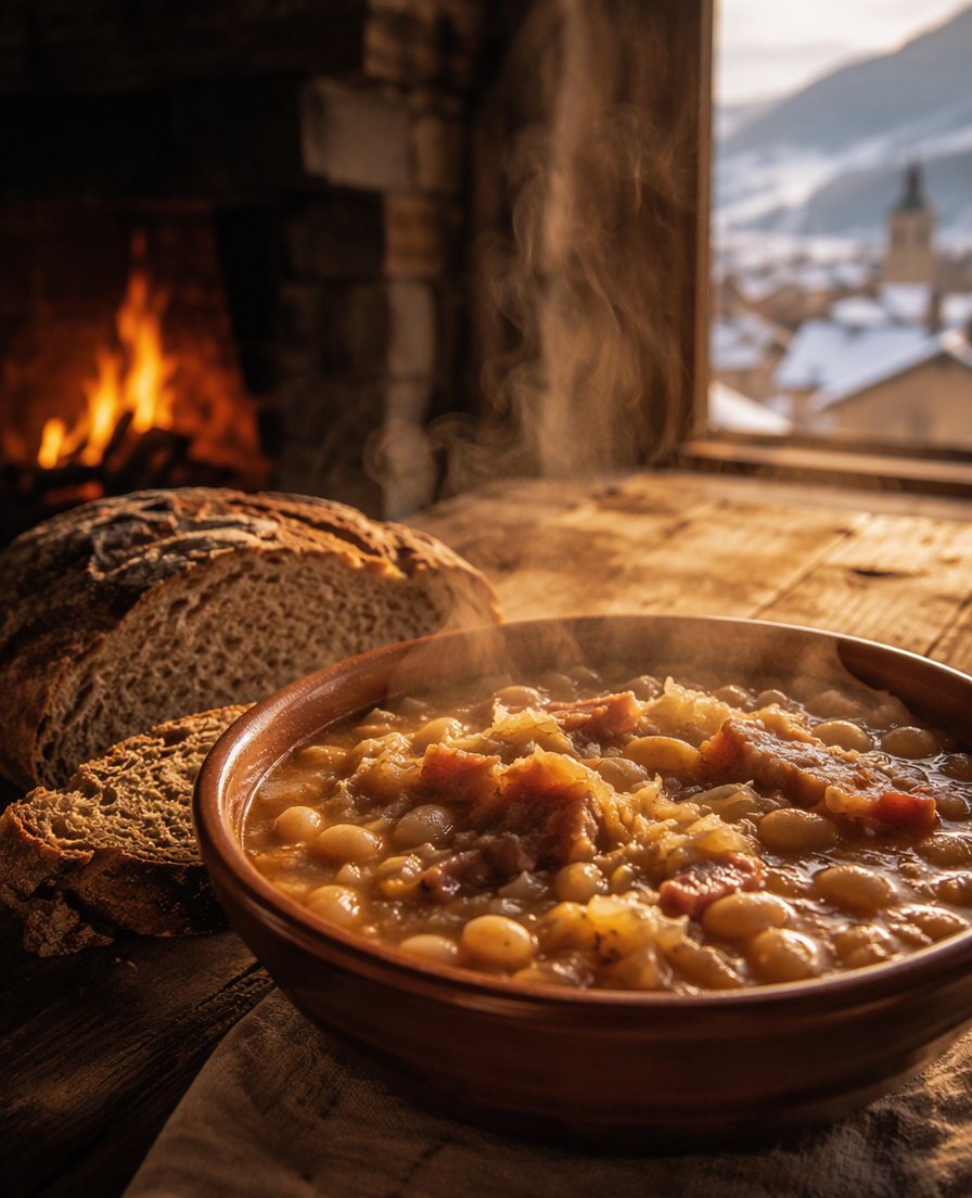 Steaming bowl of jota sauerkraut and bean stew with rustic bread on a wooden table