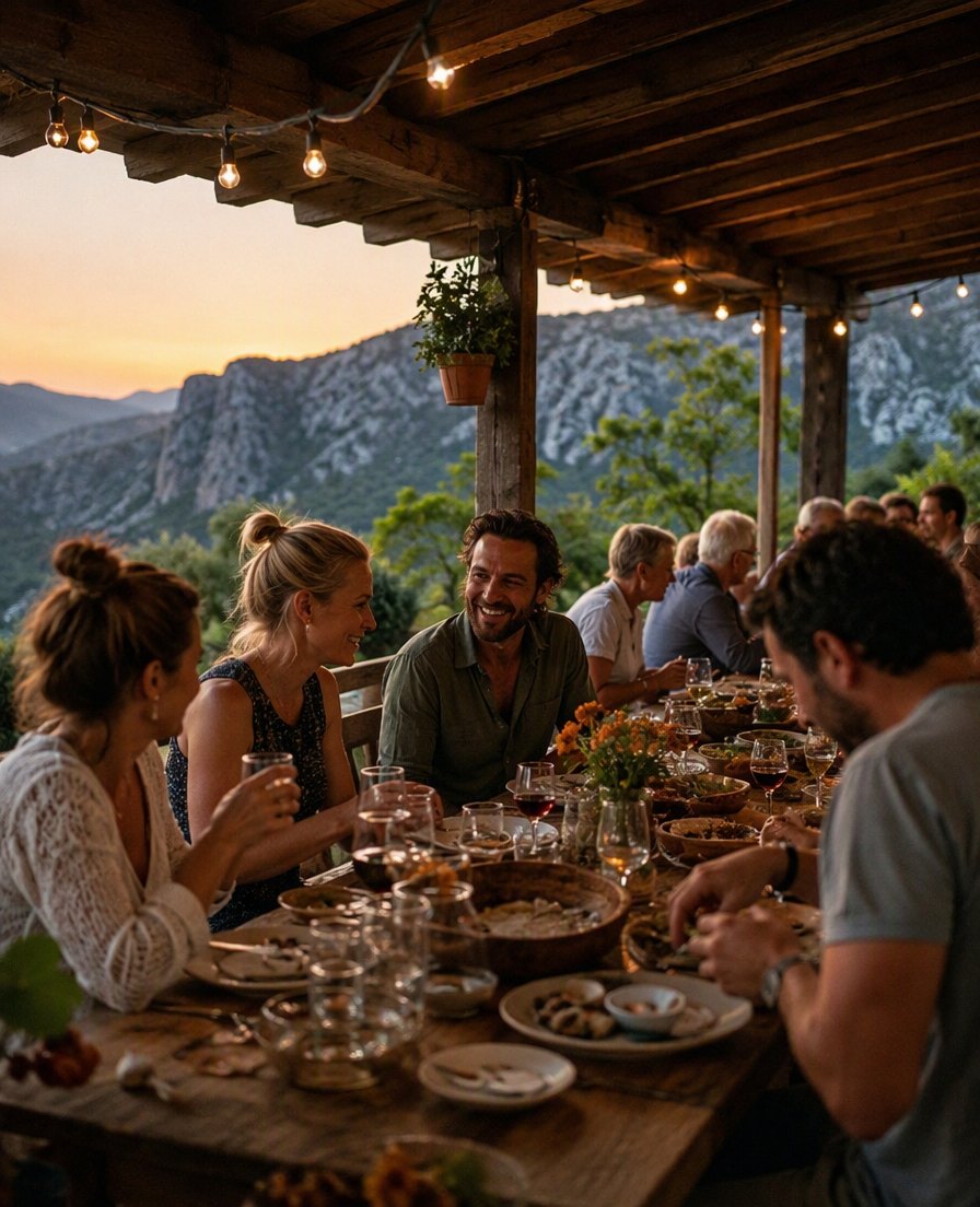 Lively osmica farm-table evening under a pergola with string lights at dusk
