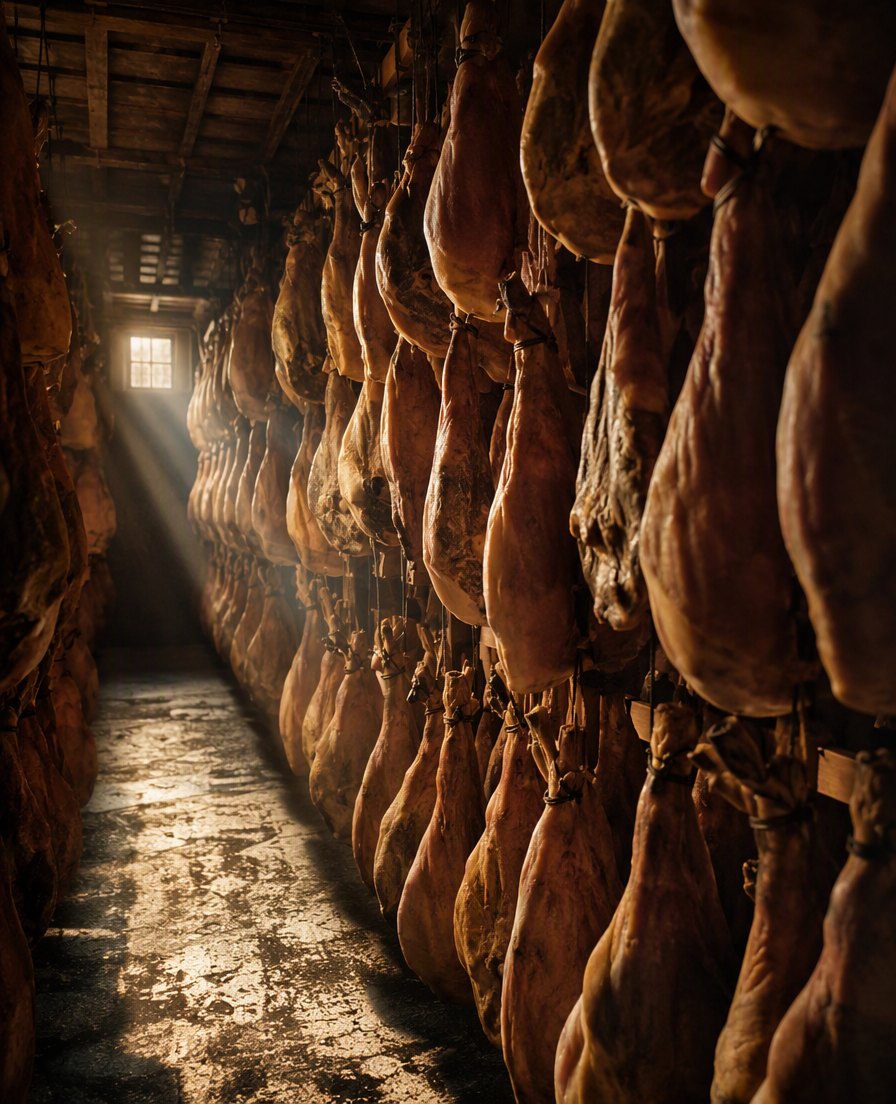 Whole pršut hams hanging in rows in a dark bora-drying room