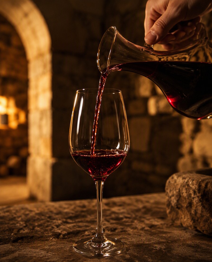 Dark ruby Teran being poured from a carafe into a glass in a stone cellar