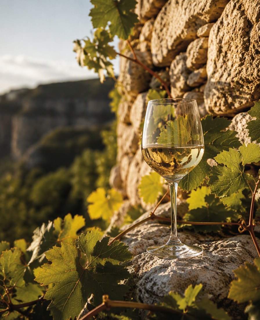 Glass of pale golden Vitovska white wine among vine leaves against a limestone wall