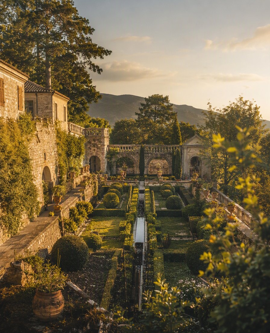 Ferrari Garden in Štanjel: geometric terraced Renaissance garden with stone arches and a water channel