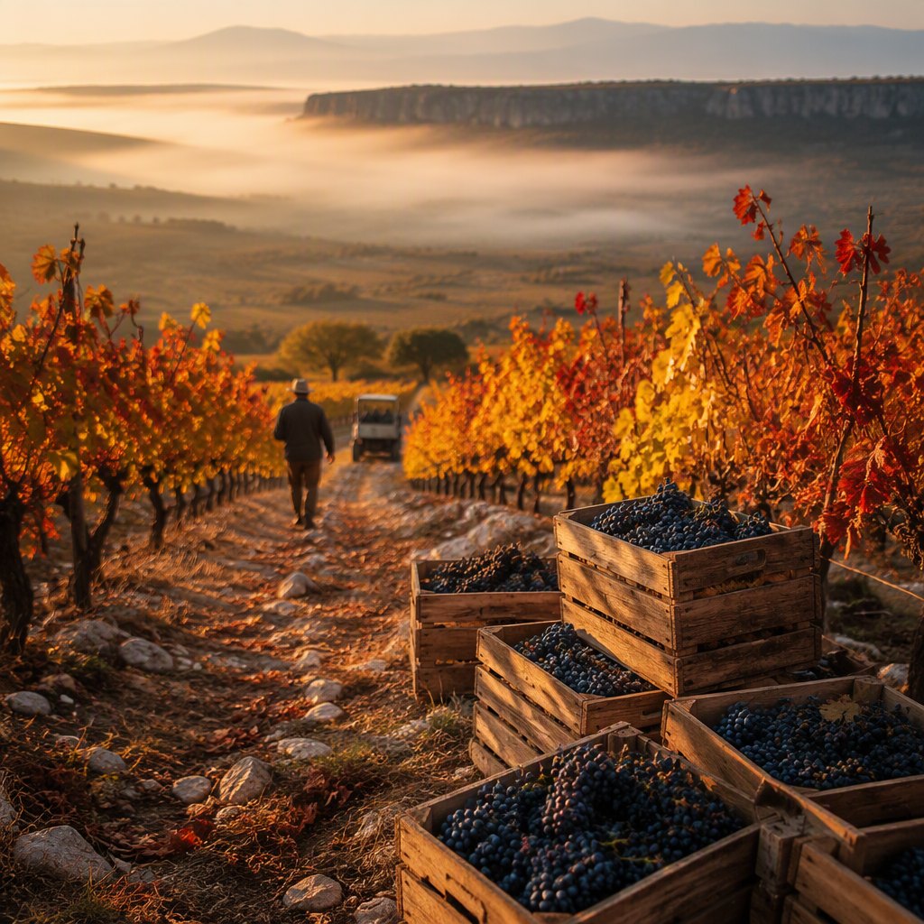 Vineyard rows turned gold and red with harvest crates and mist over the plateau