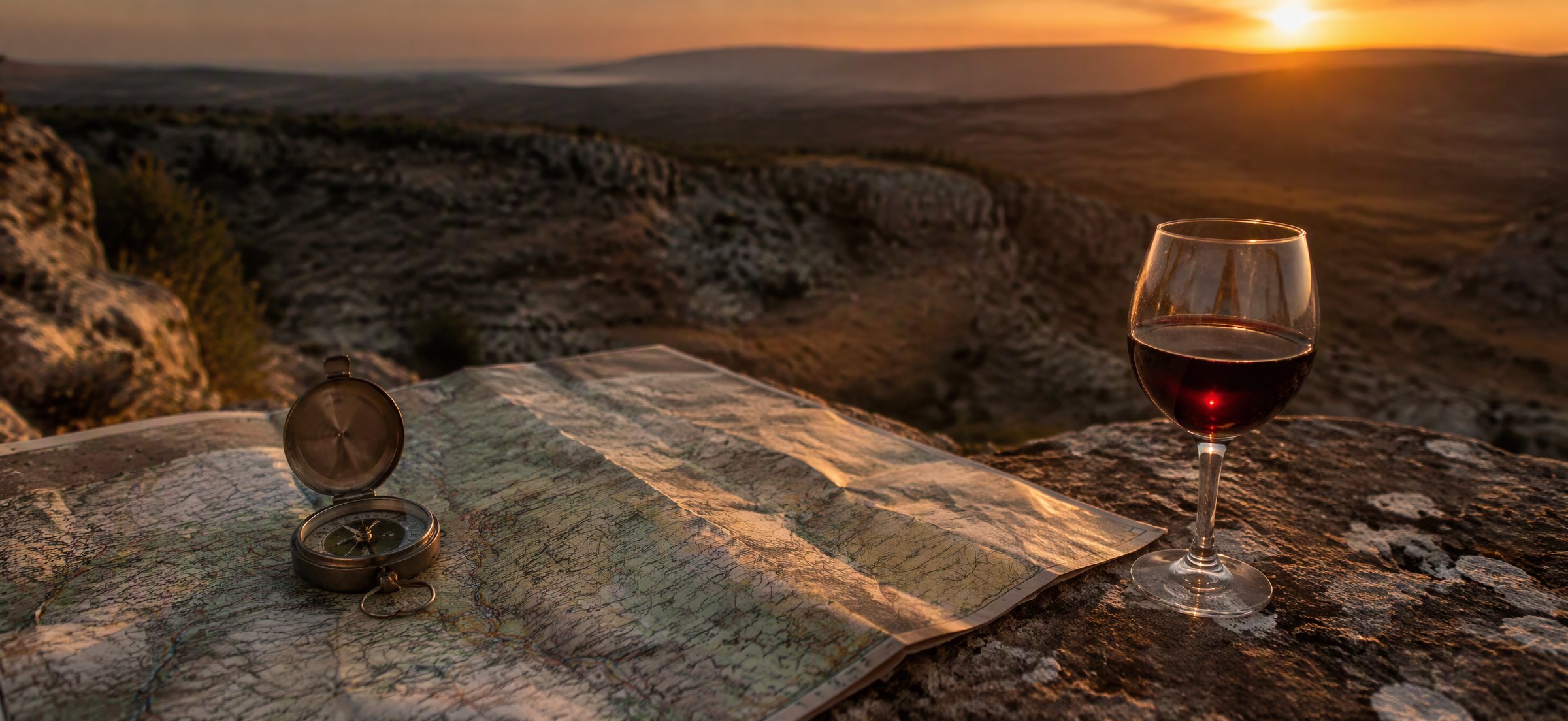 Open paper map, compass and a glass of Teran on a stone wall overlooking the Karst plateau