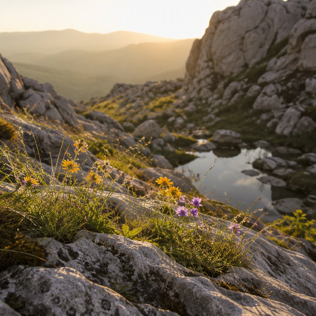 Wildflowers blooming among pale karst limestone in fresh green grass
