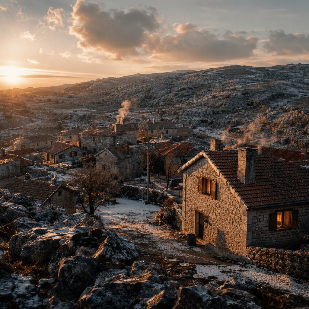 Bora-swept bare plateau with chimney smoke rising from a stone village