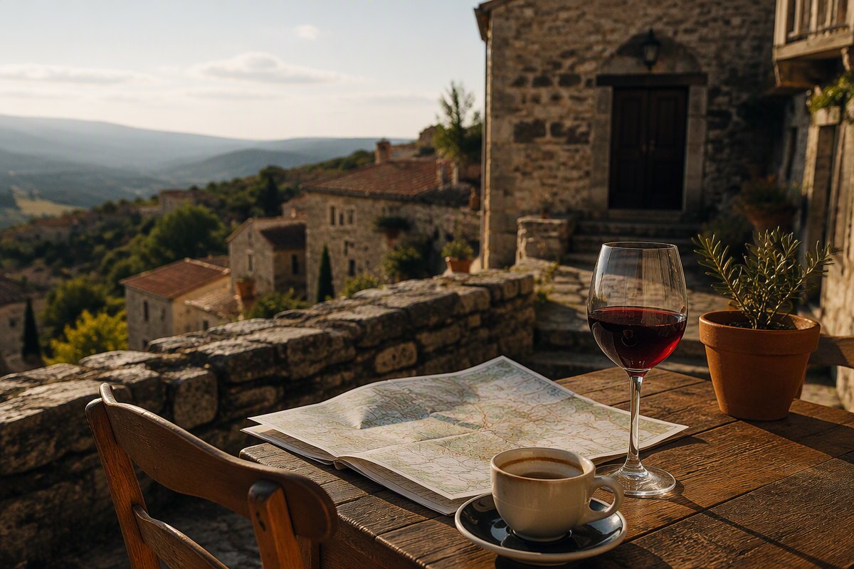 Stone village café table with coffee, a map and a glass of Teran in the sun