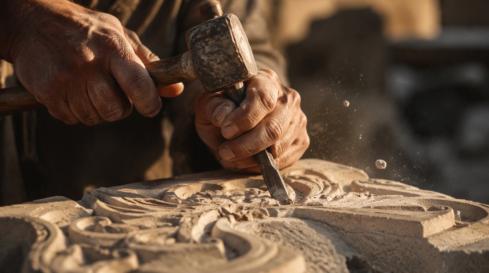 Hands of a karst stonemason carving limestone, chips flying in warm workshop light