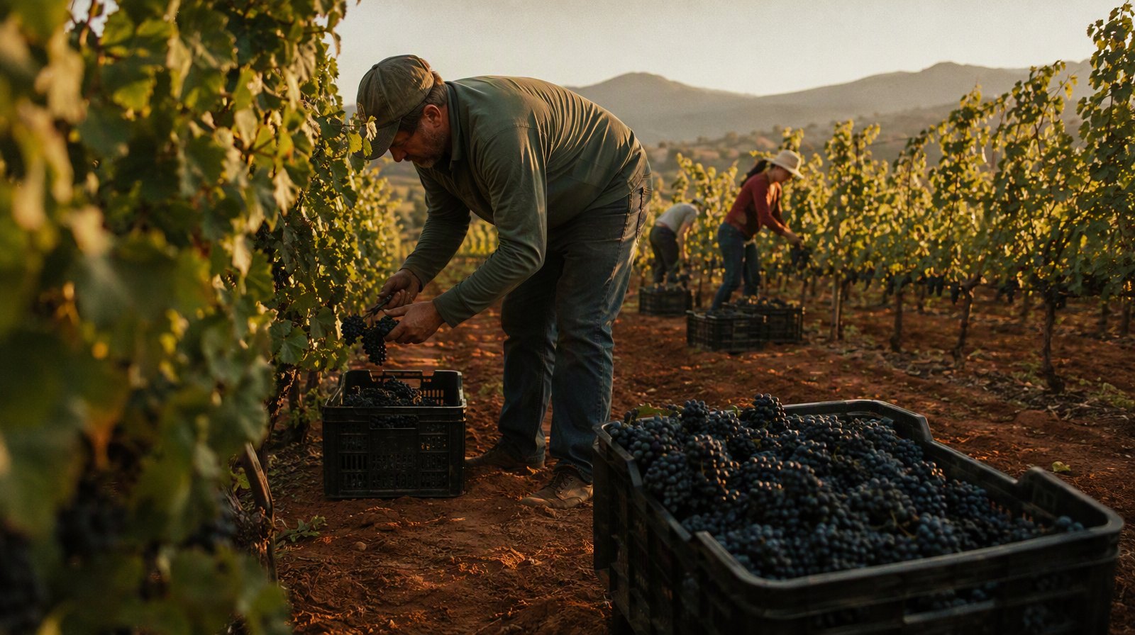 Grape harvest in a red-soil karst vineyard, pickers between rows with crates of dark grapes