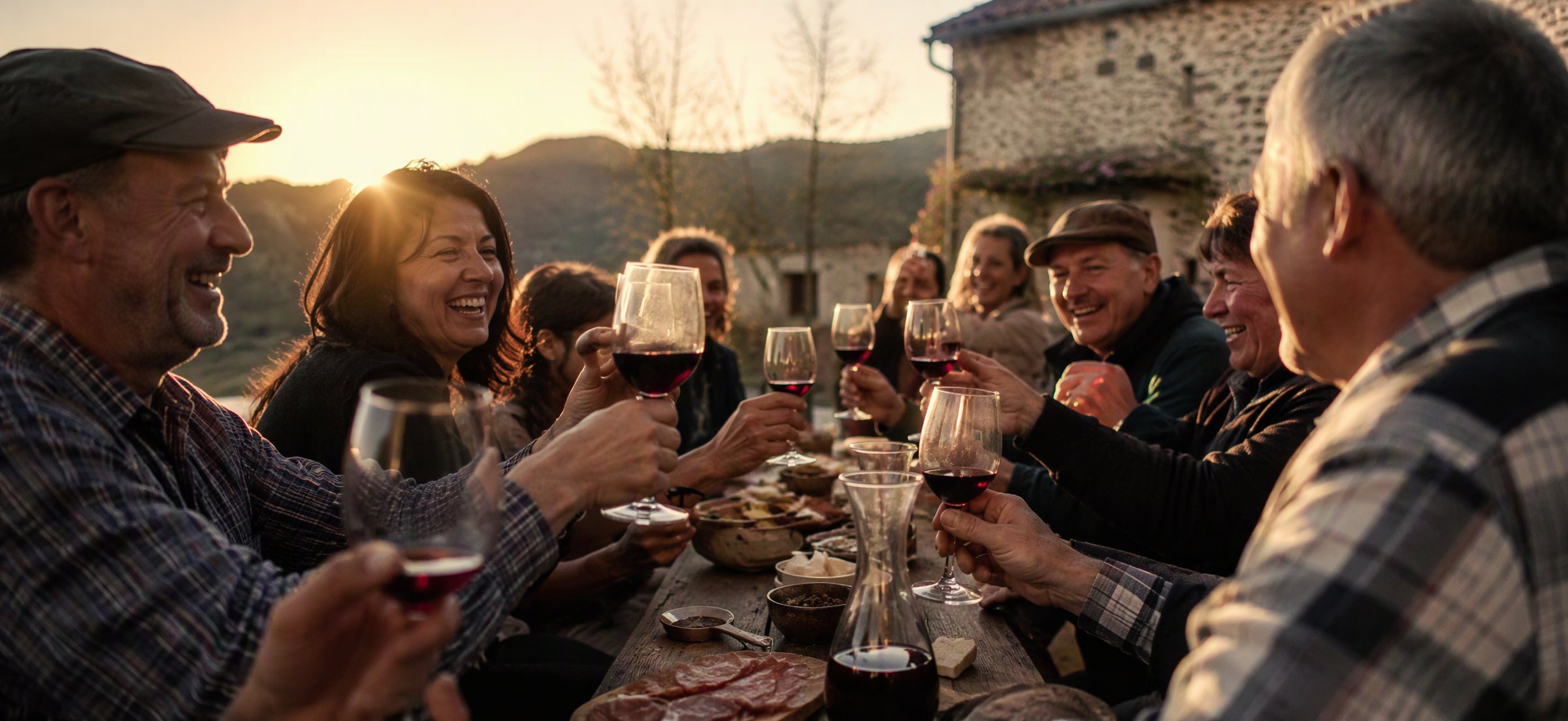 Locals raising glasses of Teran at an outdoor village festival table on the Karst at golden hour