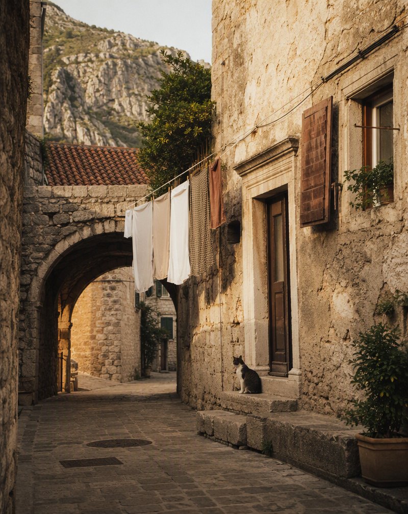 Narrow stone village lane with arch passage and afternoon light
