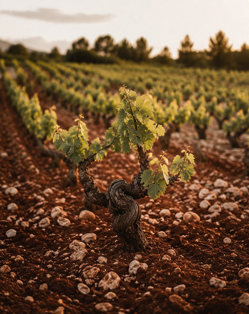 Vineyard rows in red terra rossa soil with limestone stones