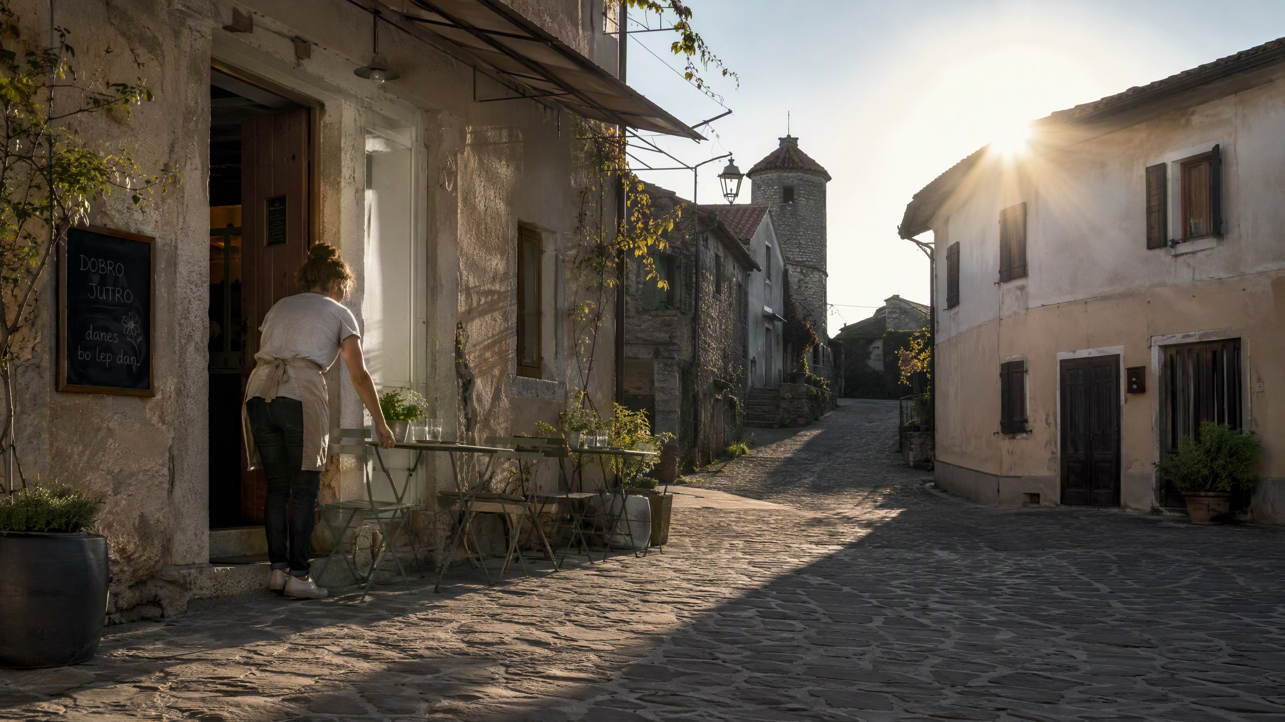 Quiet morning in a Brda village — a café opening, first sunlight on stone