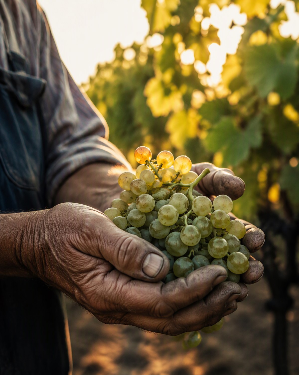 Farmer's hands holding freshly picked Rebula grapes