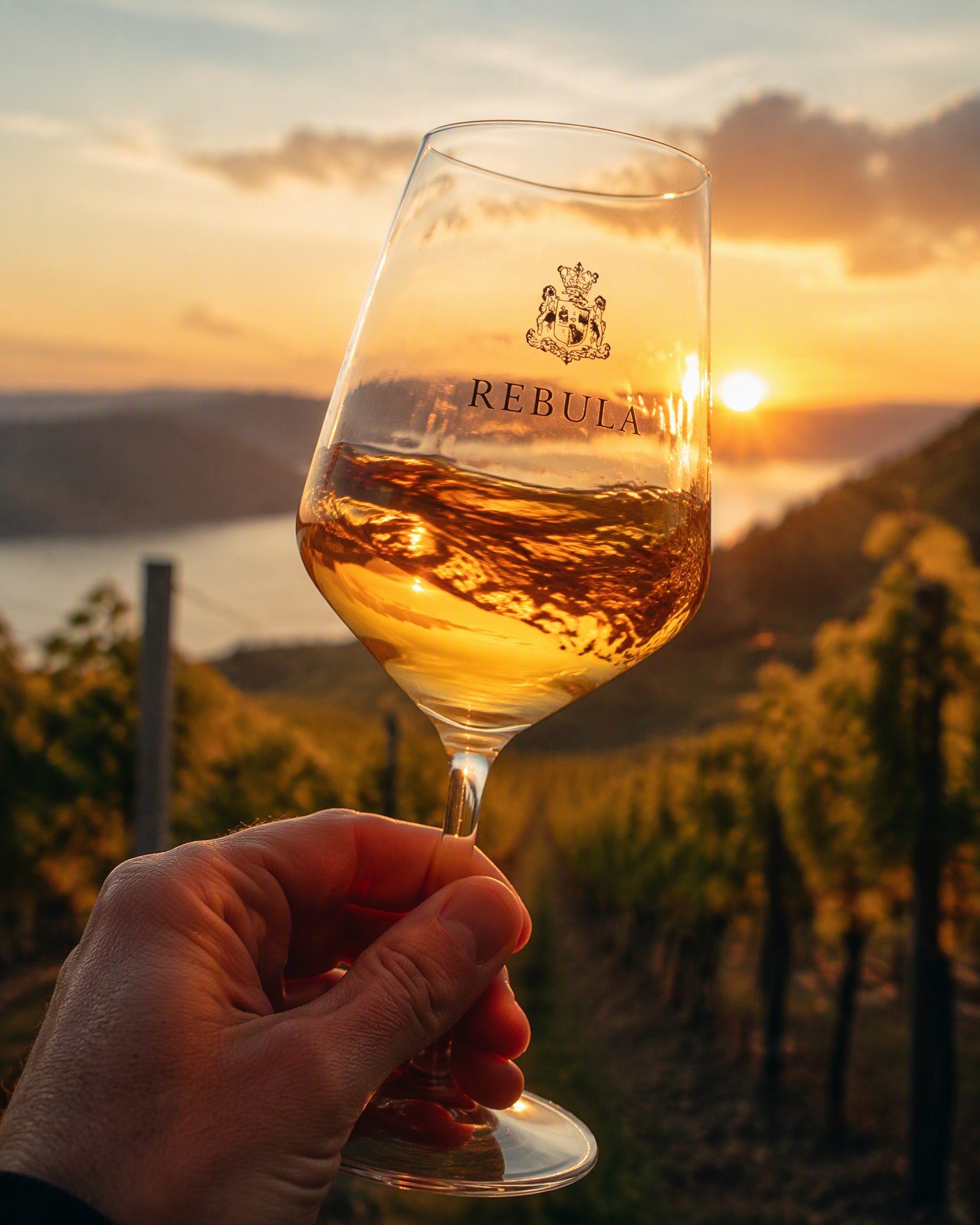 Glass of amber Rebula against a sunset vineyard
