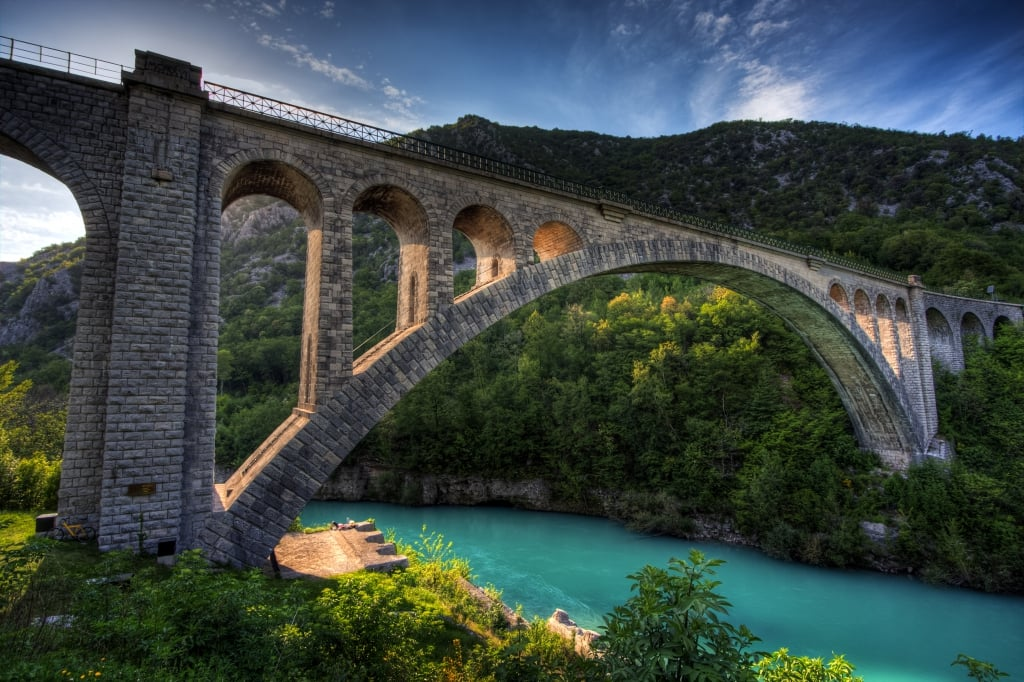 Solkan Bridge over the emerald Soča River