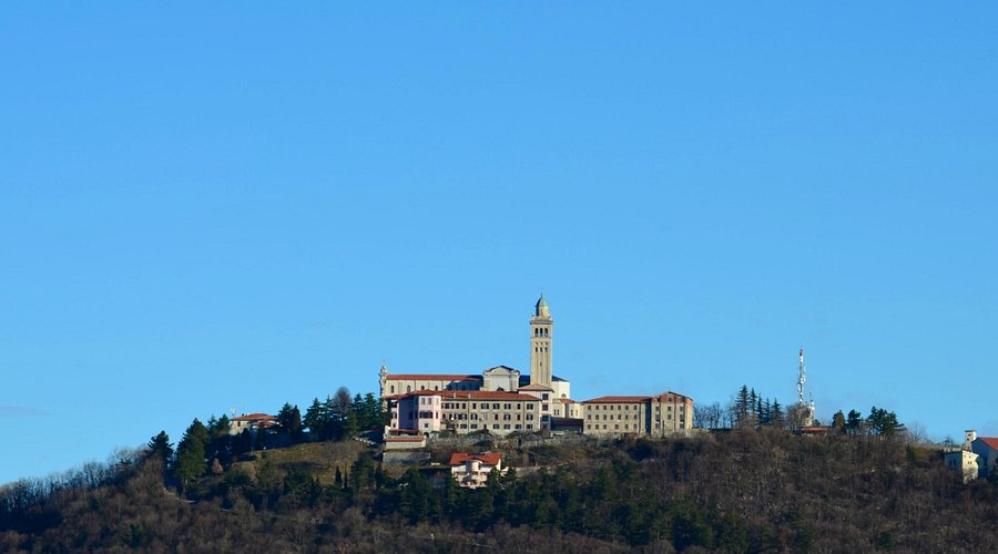 Sveta Gora viewed from a distance against a clear blue sky