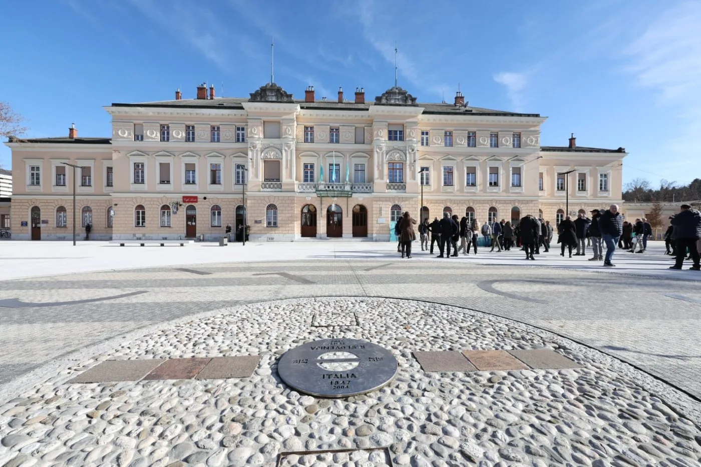 Europe Square in front of Nova Gorica railway station with the border marker between Slovenia and Italy