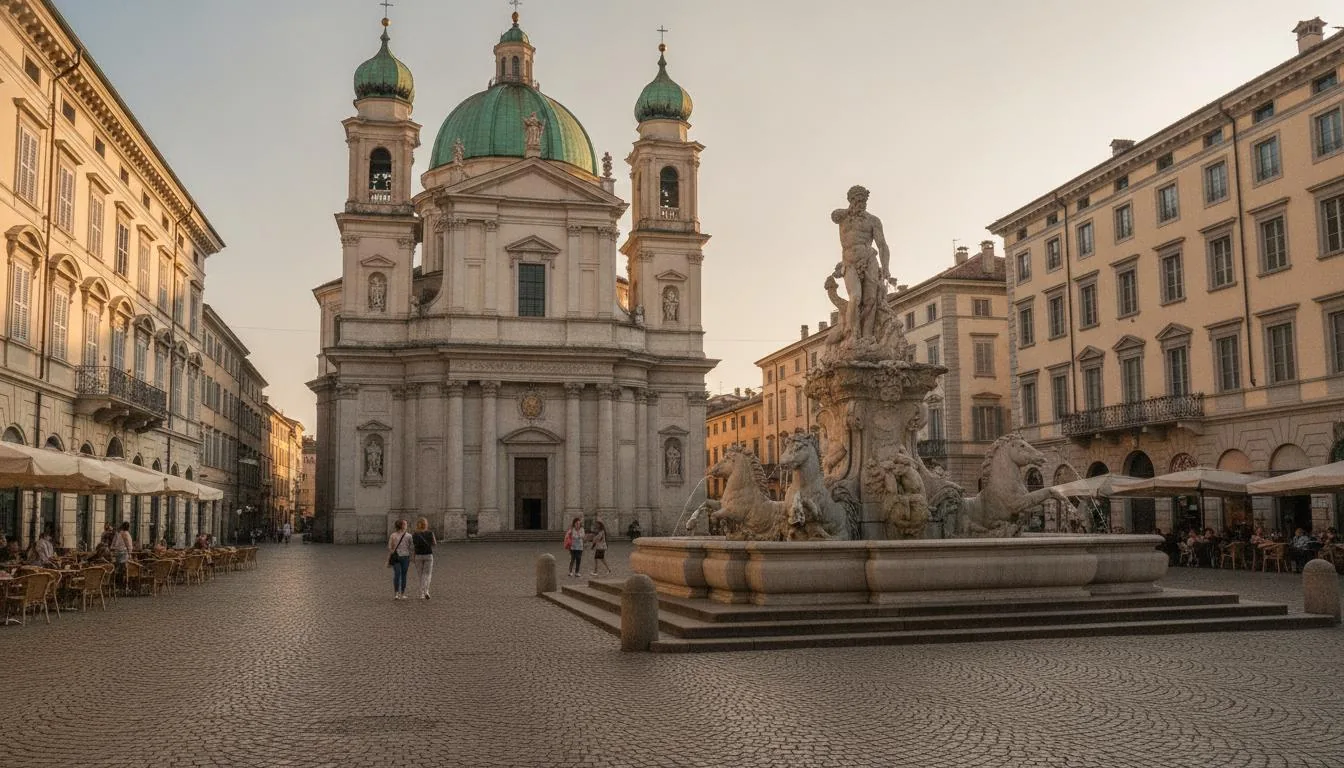 The magnificent Piazza della Vittoria in Gorizia with the Church of St. Ignatius and Neptune Fountain