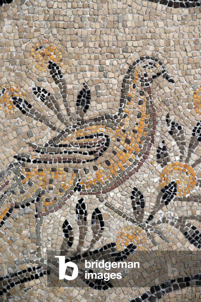 Detail of the Patriarchal Basilica mosaic floor with Christian symbolism — birds and floral motifs from the 4th century