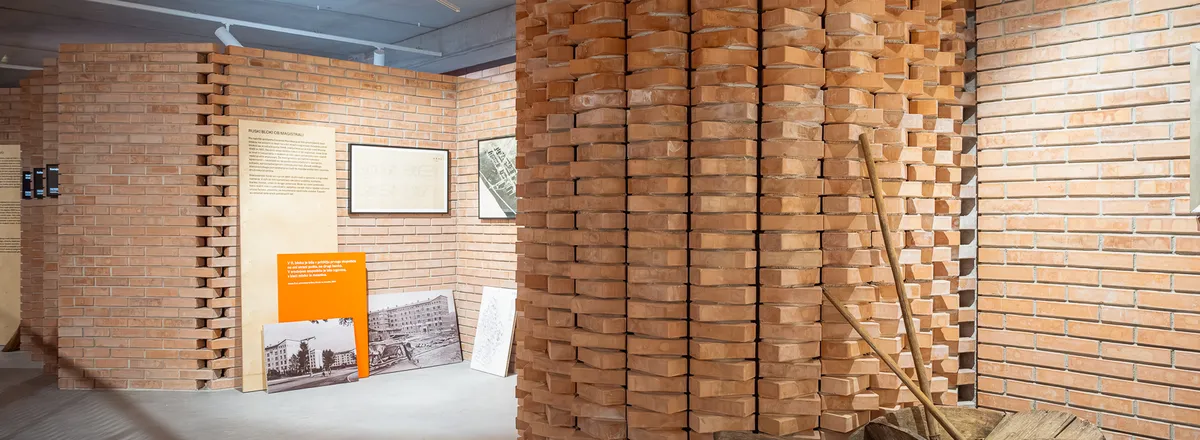 Brick exhibition walls inside the former railway freight warehouse, now the EPICenter