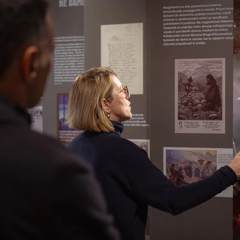 Visitor viewing exhibition panels