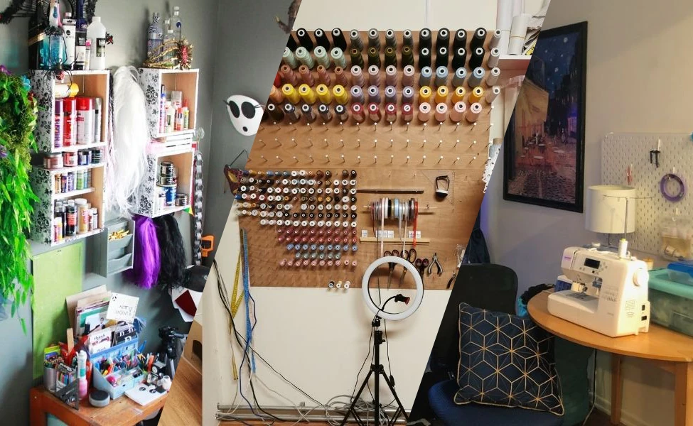 Creative cosplay workspace with tools, materials, and costume pieces