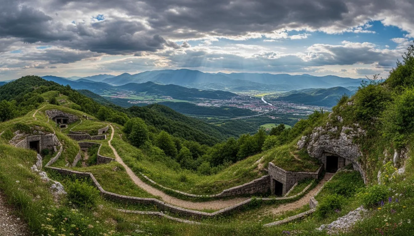 Sabotin Peace Park aerial view with WWI fortifications and Soča River