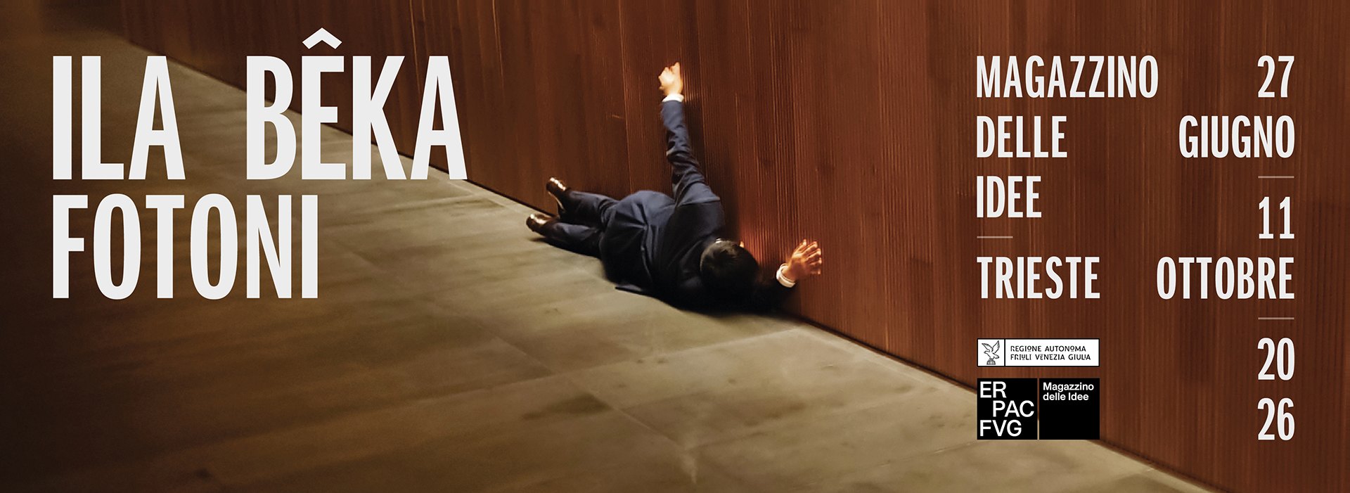 Official FOTONI exhibition visual — a figure lying against a wooden wall, with exhibition dates and ERPAC FVG branding