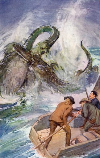 Illustration from Jules Verne's Journey to the Center of the Earth showing a prehistoric sea creature