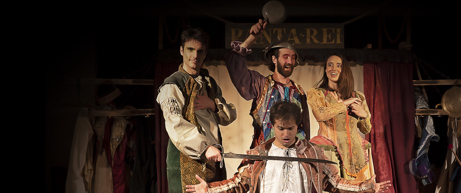 The Panta Rei Group in a theatrical production, showcasing their signature blend of live acting and visual storytelling