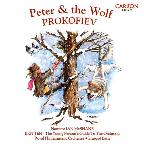 Classic illustration of Peter and the Wolf showing all the beloved characters