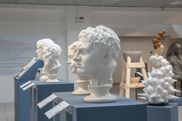 Tactile bust sculptures displayed in the gallery