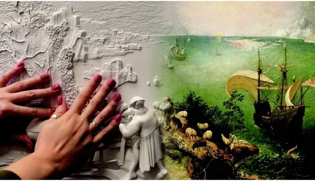 Hands touching a tactile relief of a classical painting