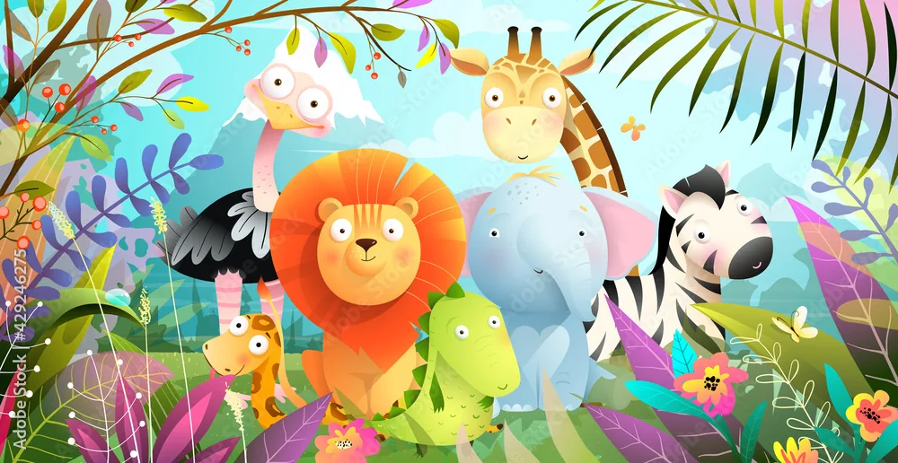 Colourful African savannah animals illustration for children