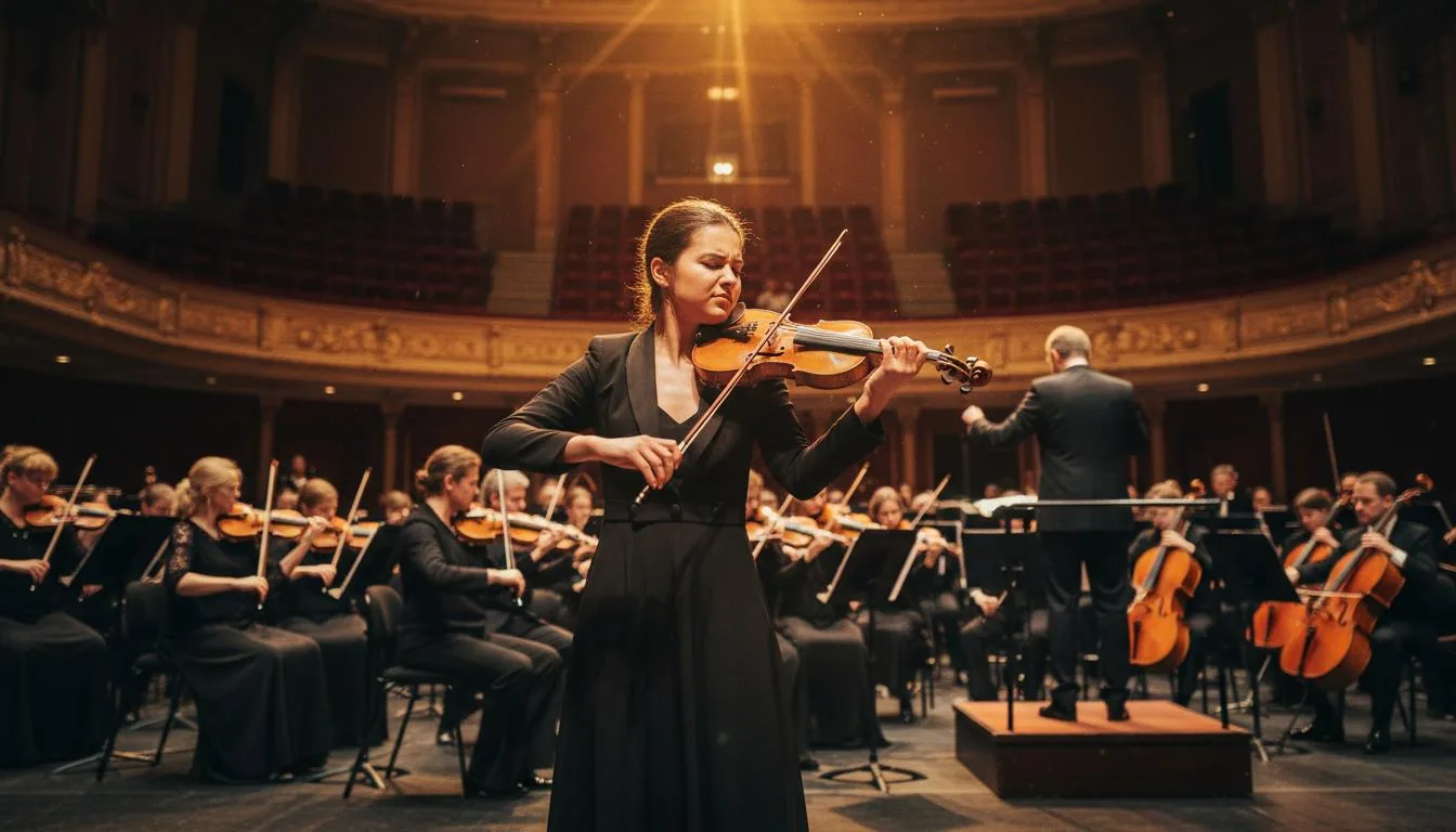 A violinist performing on stage with a symphony orchestra — capturing the intensity of the Lipizer Competition final round