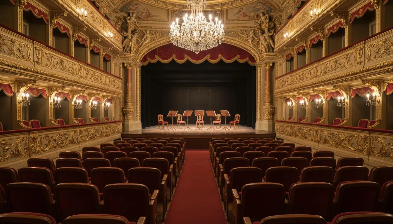 The elegant interior of a historic European theater — representing the Lipizer Competition venue in Gorizia