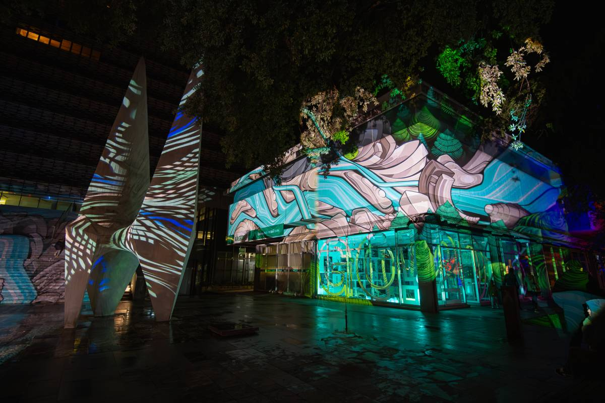 Colourful light projections on buildings at night in Nova Gorica