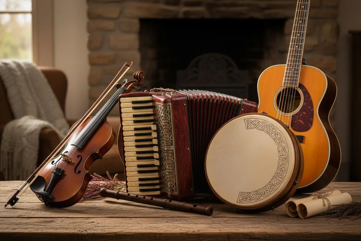 Traditional Celtic folk instruments - fiddle, accordion, bodhran drum, flute and guitar