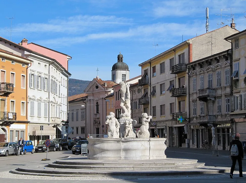 Aerial view of Piazza Vittoria in Gorizia with Neptune fountain and Church of St. Ignatius