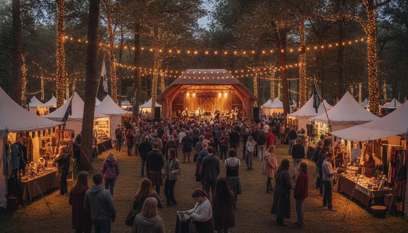 Triskell Celtic Festival atmosphere with stage, artisan stalls and crowds at twilight